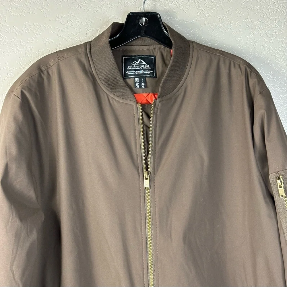 Outdoor Jacket Brand Brown Pilot Bomber Jacket Orange Quilted Lining Size Large